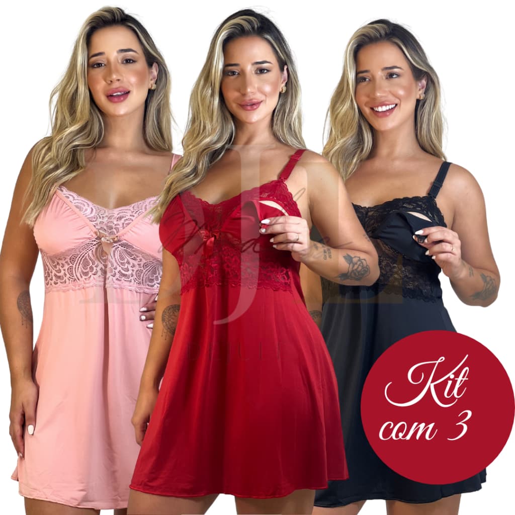 kit 3 Camisola Amamentação Abre Fácil Gestante Pós Parto Saída Maternidade Confortável