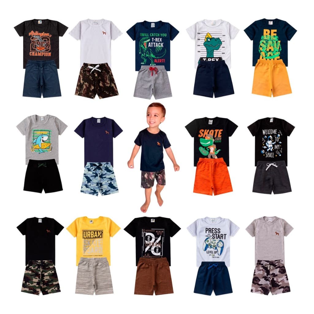 kit 8 peças de roupas masculino infantil menino bebê verão 4 bermudas e 4 camisas Tam 1 2 3 4 6 8