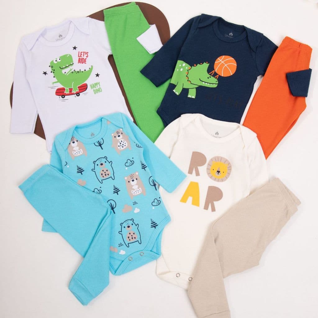 Kit 8 Peças de Roupas para Bebê 4 body+ 4 calças/mijão - Kit com 4 body + 4 Mijão de Roupa Infantil Bebe