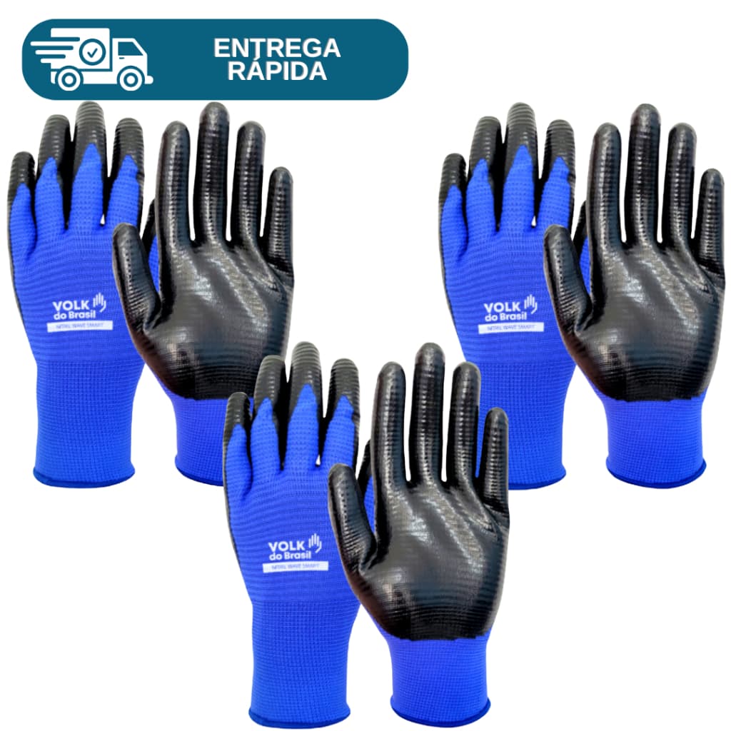 Kit 3 Prs Luva Nitril Wave Smart Revestida Banho Nitrílico Impermeável Azul Óleo Multitato Volk Proteção Epi Nitrilica