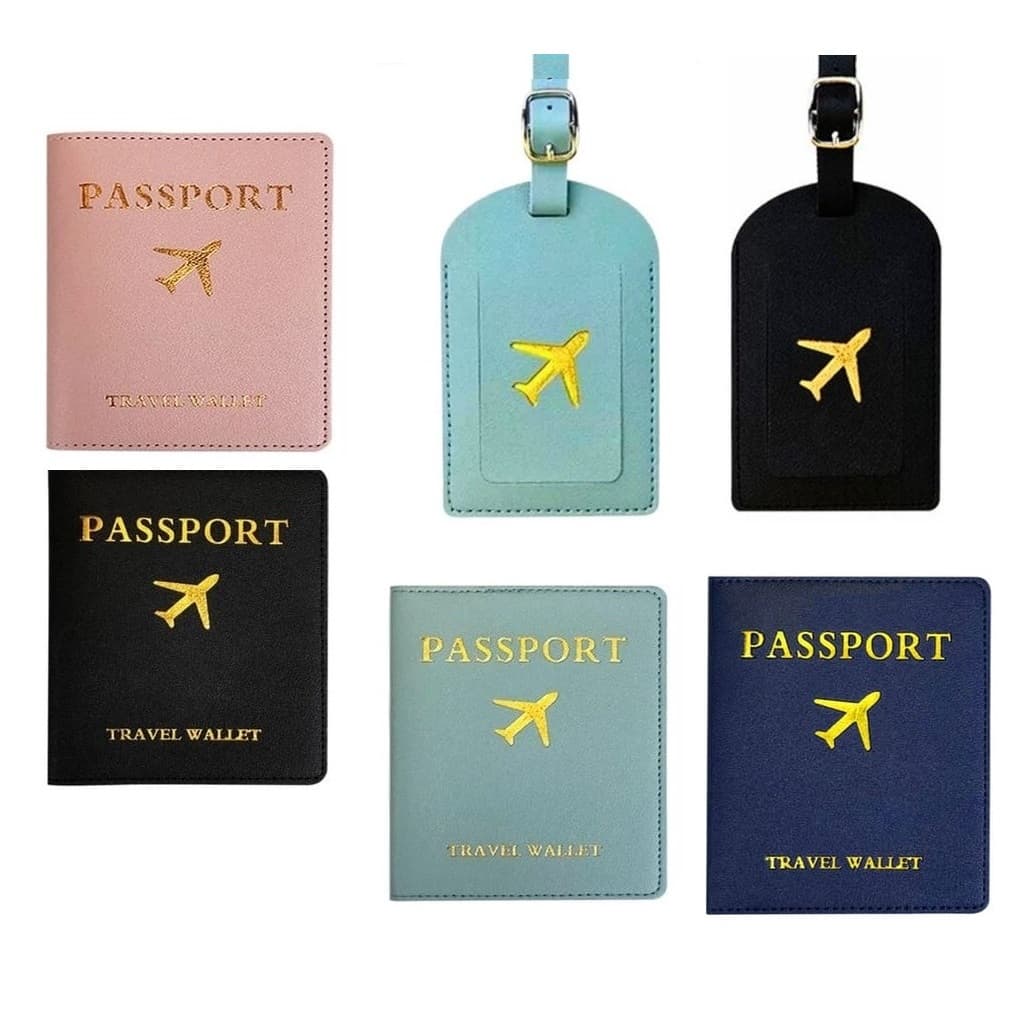 kit tag mala viagem etiqueta identificação couro + capa porta passaporte