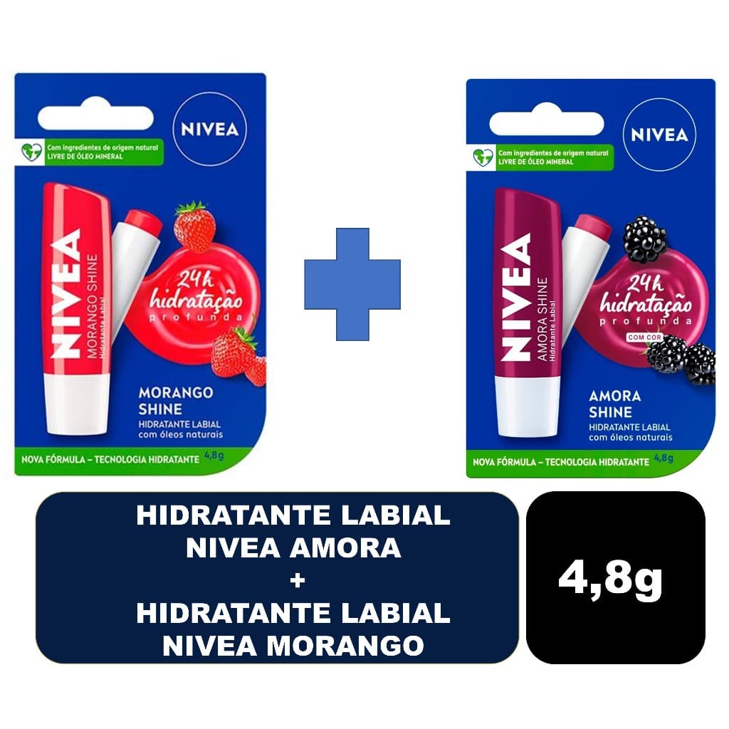 Protetor Nivea Hidratante Labial Amora + Protetor Nivea Hidratante Labial Morango 4,8
