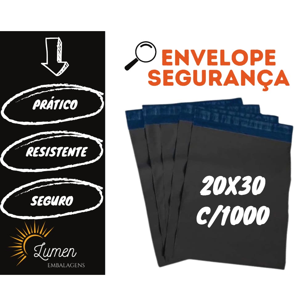 1000 Envelope de Segurança Plástico Preto  20x30  Envelope Ecommerce, Saco Ecommerce, Saco correio, Saco Inviolável