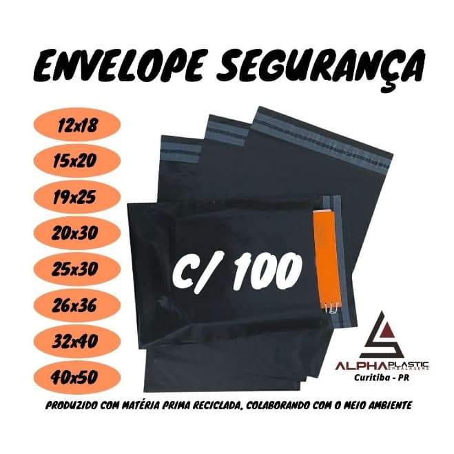 Kit 100 Envelope de Segurança Plástico Preto  19x25 / 20x30 / 20x50 / 25x30 / 25x50 / 32x40 / 36x40 / 37x50 / 40x40