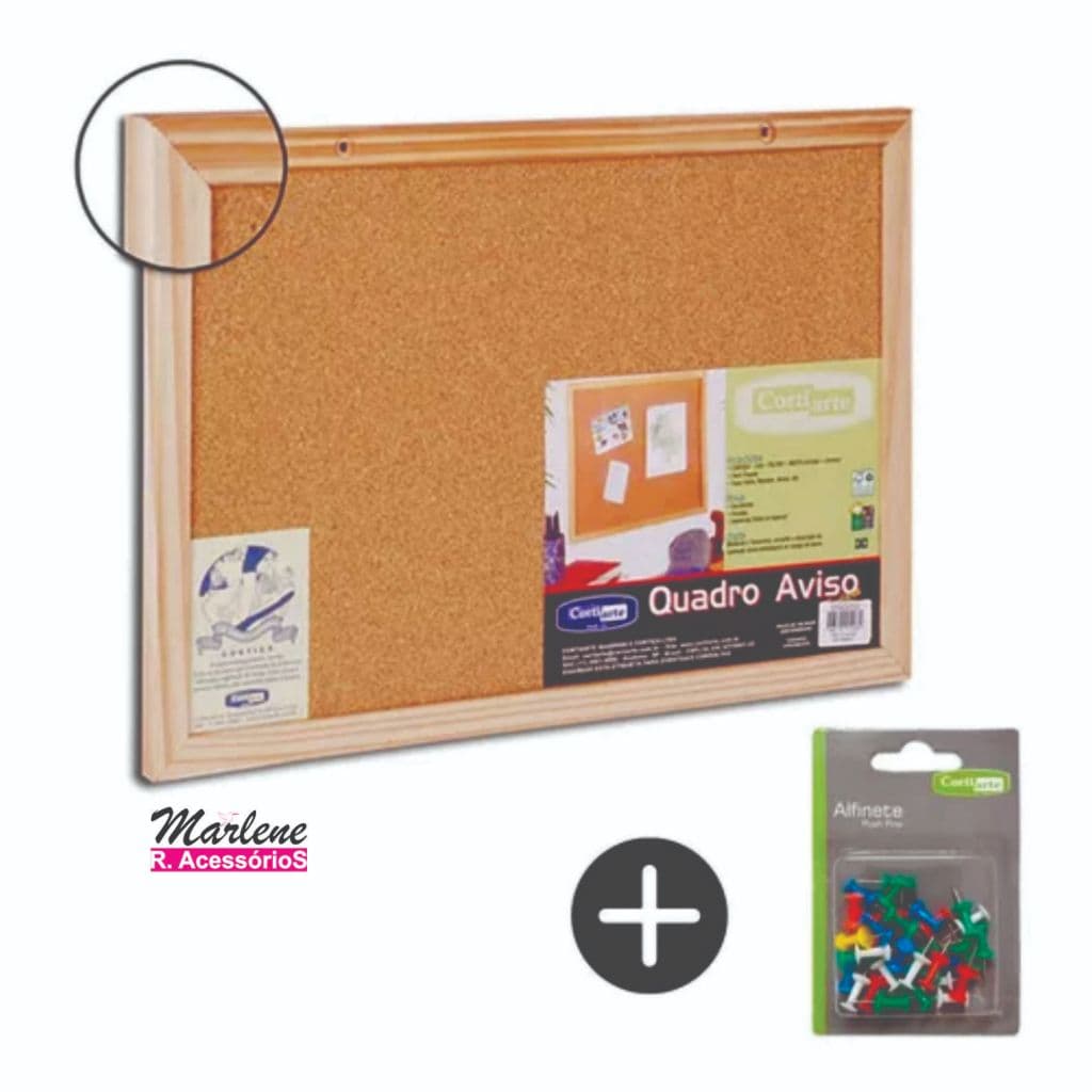 Quadro de Aviso Cortiça 45x30cm Moldura em Madeira + 30 Alfinetes