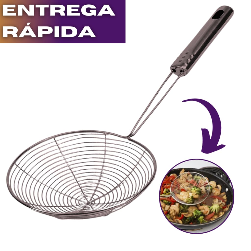 Escumadeira Peneira para Fritura de Massas Pastel de Inox Grande de Qualidade para uso Domestico e Profissional