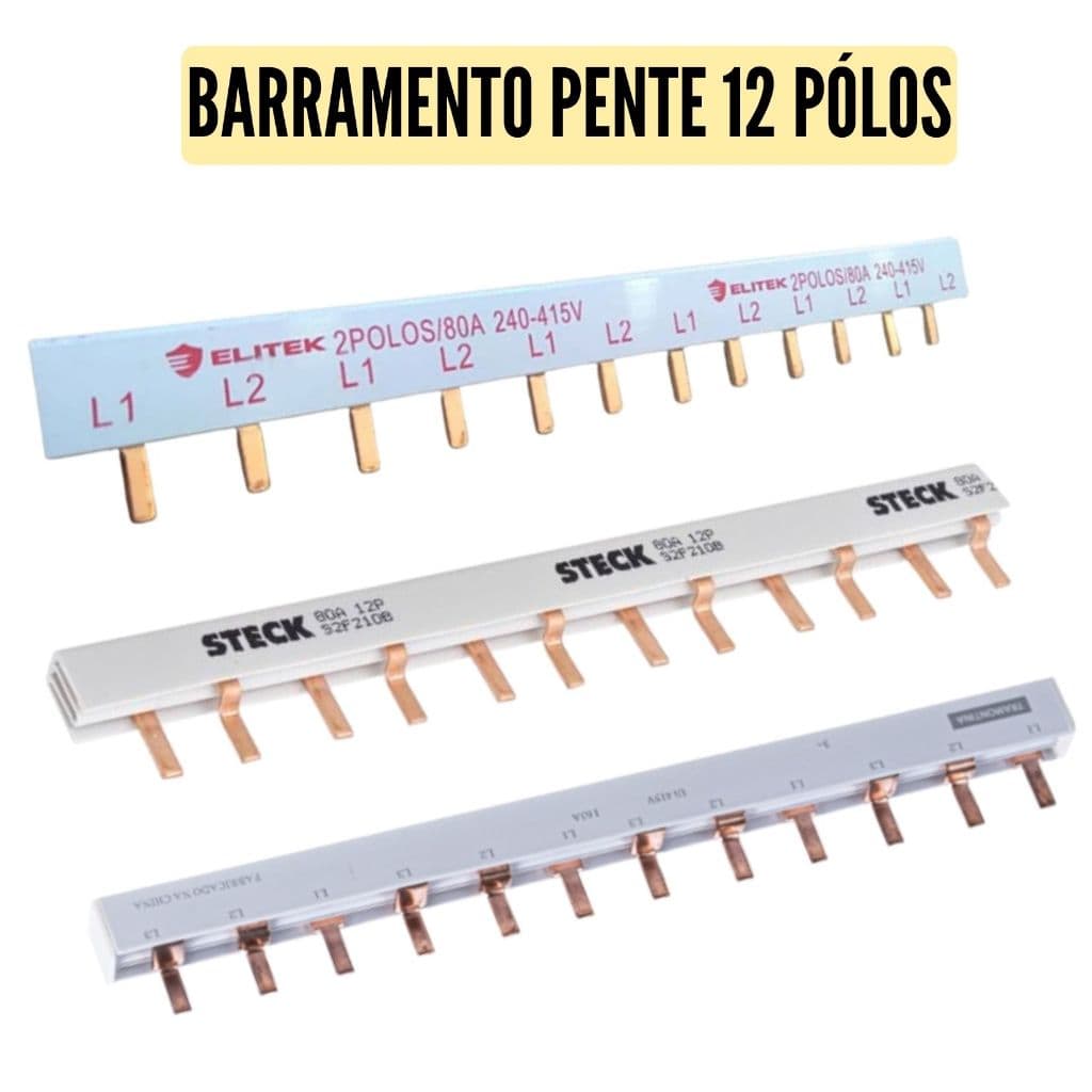 Barramento Pente Bifásico Bipolar 12 Polos  - 80a ou 63a Din Elitek, Tramontina e Steck