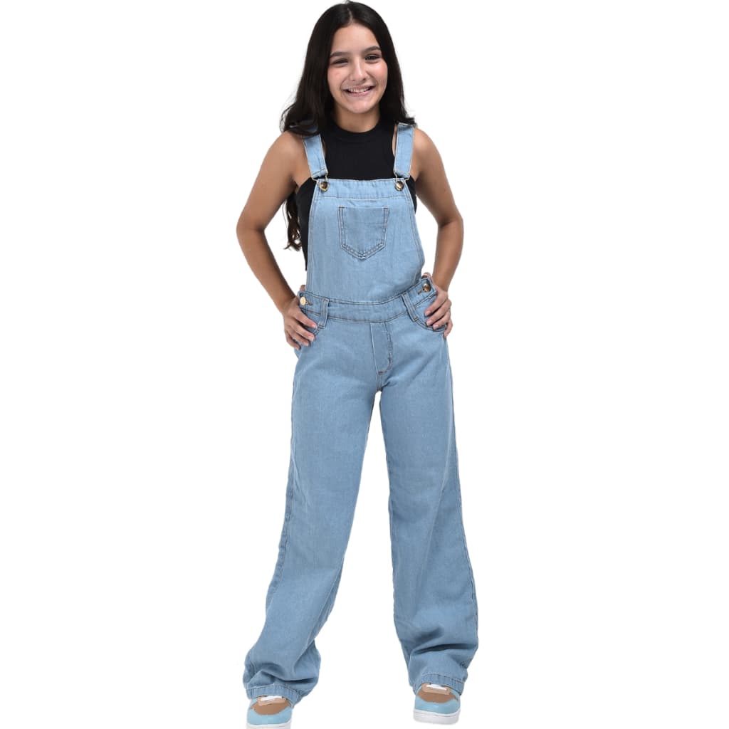 Jardineira calça macacão jeans com alça infantil juvenil 10 ao 16