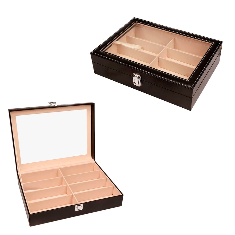 Estojo Maleta Caixa Organizador 8 Óculos Cadeado Couro Eco