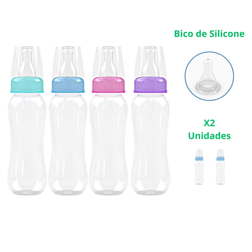 Kit 2 Mamadeiras 240ml Bebê Menino Menina Saquinho - Bico de Silicone