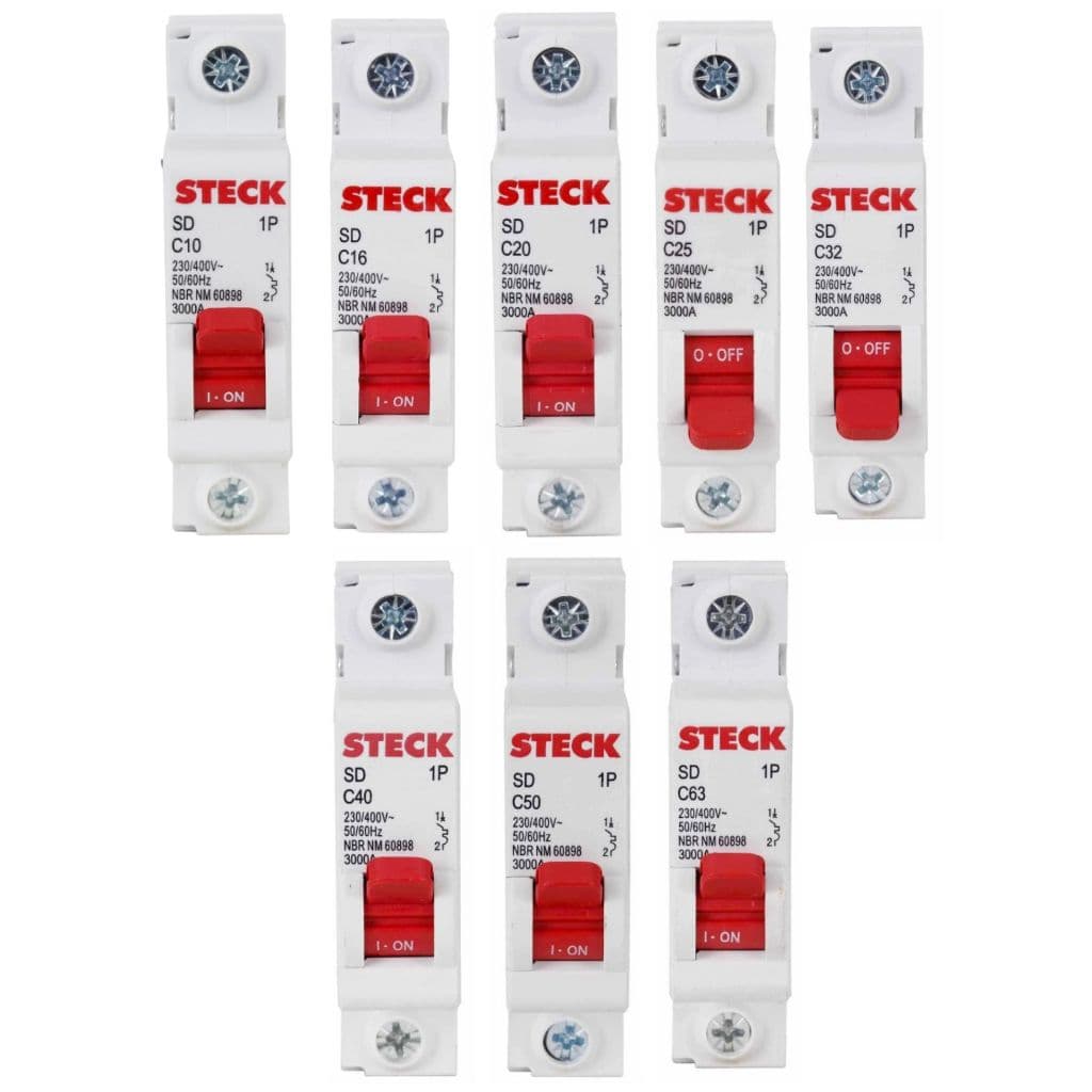 Disjuntor Unipolar Monopolar Steck 10a, 16a, 20a, 25a, 32a, 40a, 50a ou 63a - Curva C