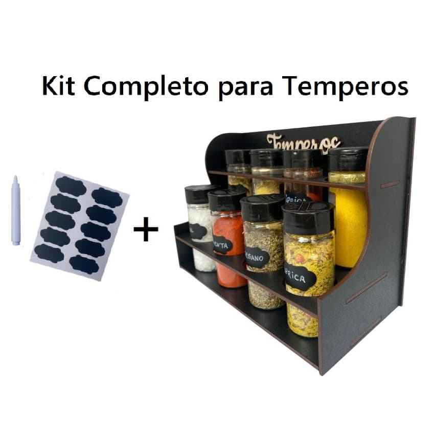 Kit Porta Tempero Mesa + 8 Potes + Etiquetas c/ Caneta Giz - Jogo Completo para Temperos Cozinha
