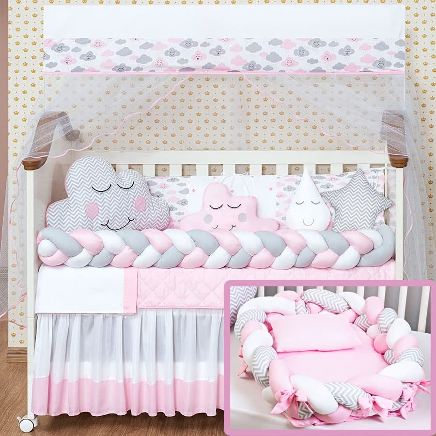 Kit Berço + Ninho Trançado Modelos 15 Peças Padrão Americano Nuvem Rosa Menino e Menina