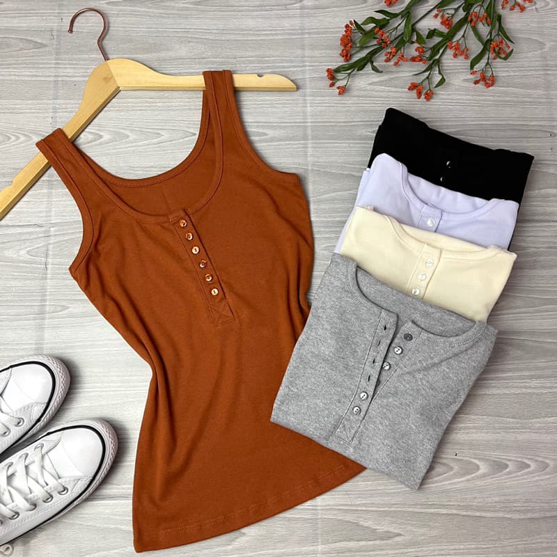 Blusa Regata Botão Alça Grossa  Cores Neutras Amamentação Algodao Confort