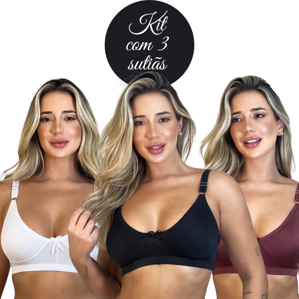 Kit 3 Sutiãs Sustentação Sem Bojo Alça Larga Soutien Reforçado Microfibra Sutian Varejo