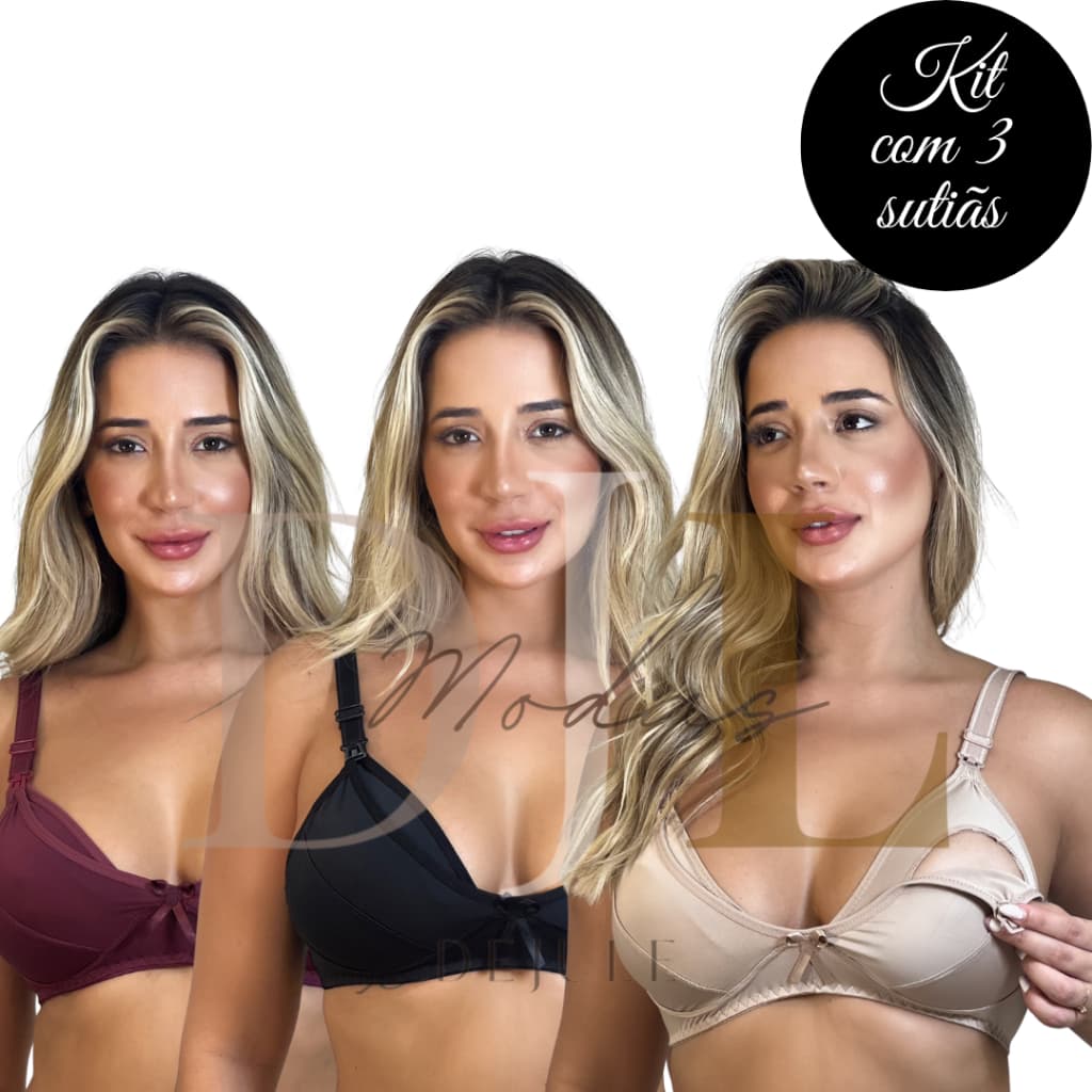kit 3 Soutien Sutiã Para Amamentação em Microfibra de Poliéster pós parto maternidade