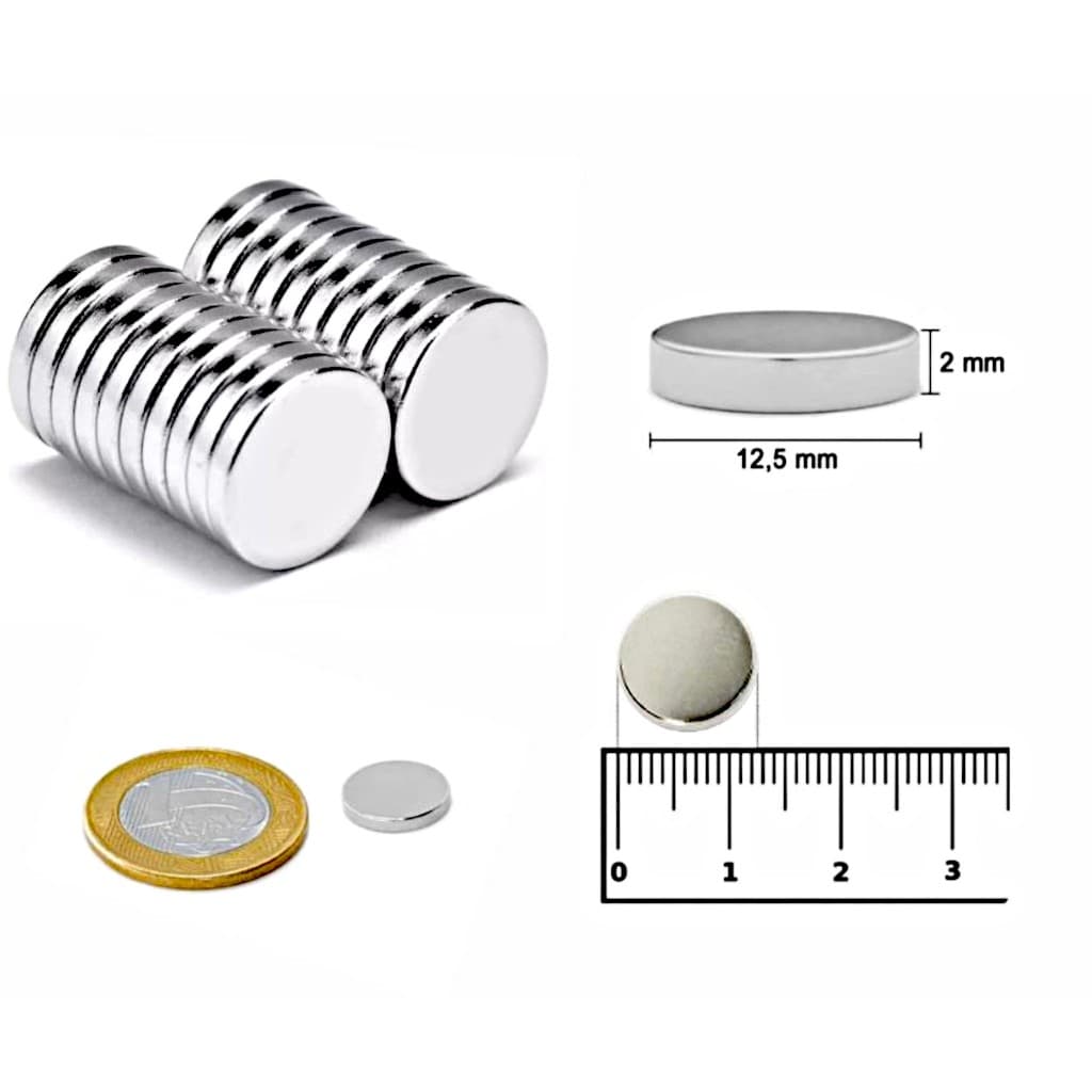 Ima De Neodímio Forte 12,5mm X 2mm 10 Peças Redondo Pastilha - IMÃ N35 12,5mm X 2mm Super Resistente - Imã Pastilha