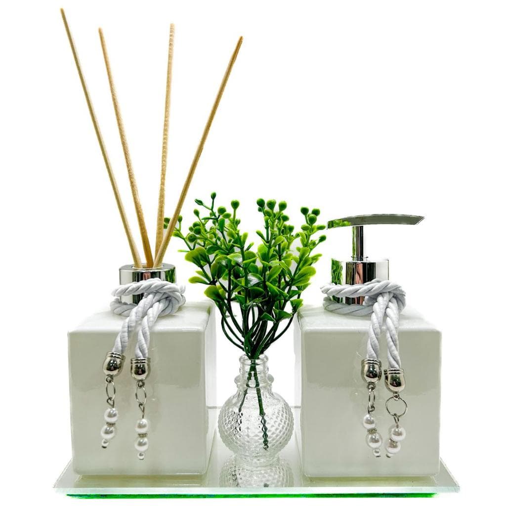 Kit Frascos de Vidro Luxo Lavabo Cubo White - Aromatizador de Ambiente/Saboneteira/Varetas/Bandeja