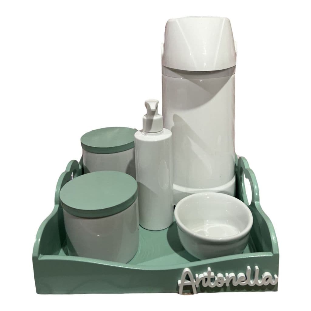 Kit Higiene Bebe Porcelana Bandeja Pinus Coração Verde Garrafa Pump Nome Personalizado
