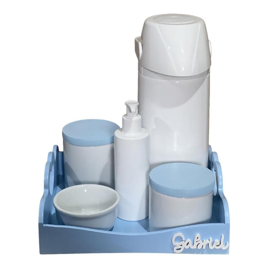 Kit Higiene Bebe Porcelana Bandeja Pinus Coração Azul Garrafa Pump Nome Personalizado