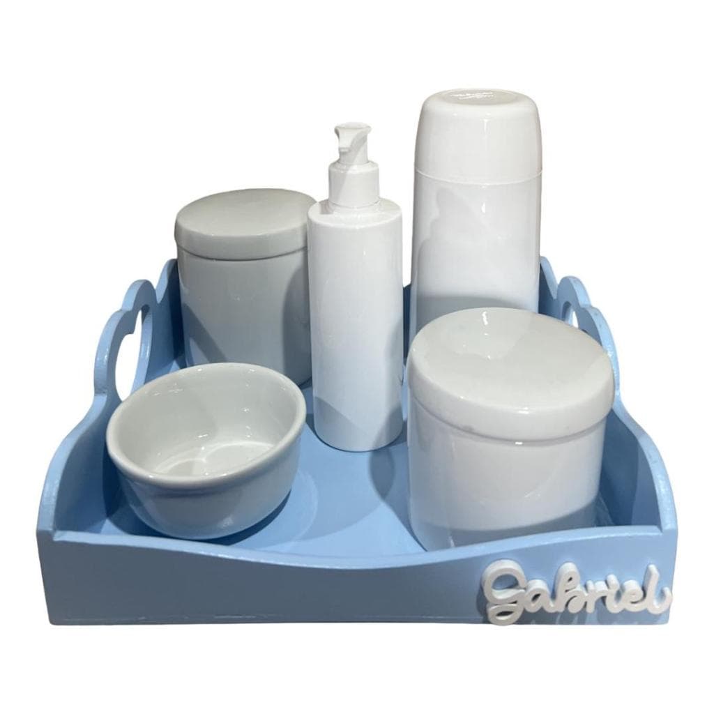 Kit Higiene Bebe Porcelana Bandeja Pinus Coração Azul Nome Personalizado