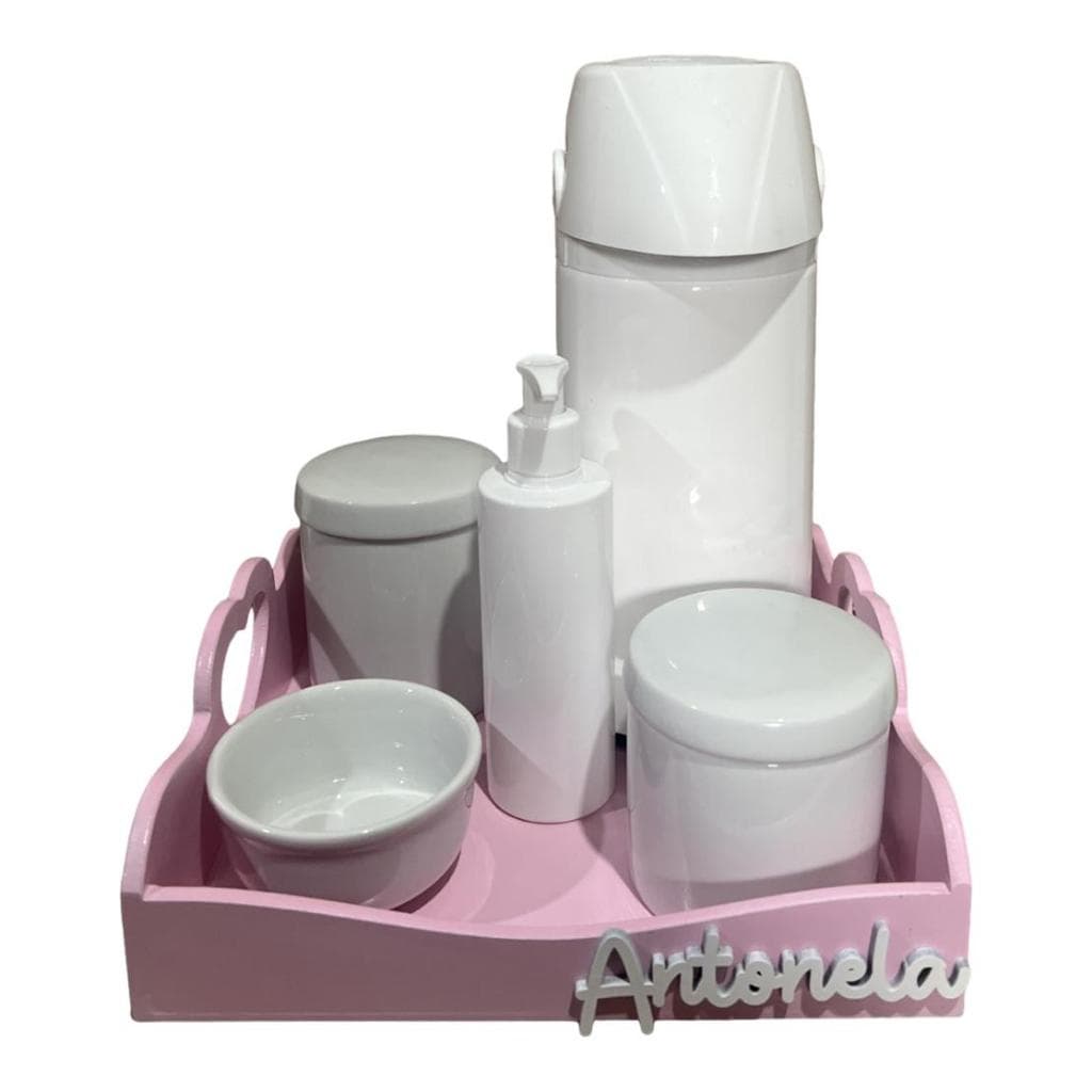 Kit Higiene Bebe Porcelana Bandeja Pinus Coração Rosa Garrafa Pump Nome Personalizado