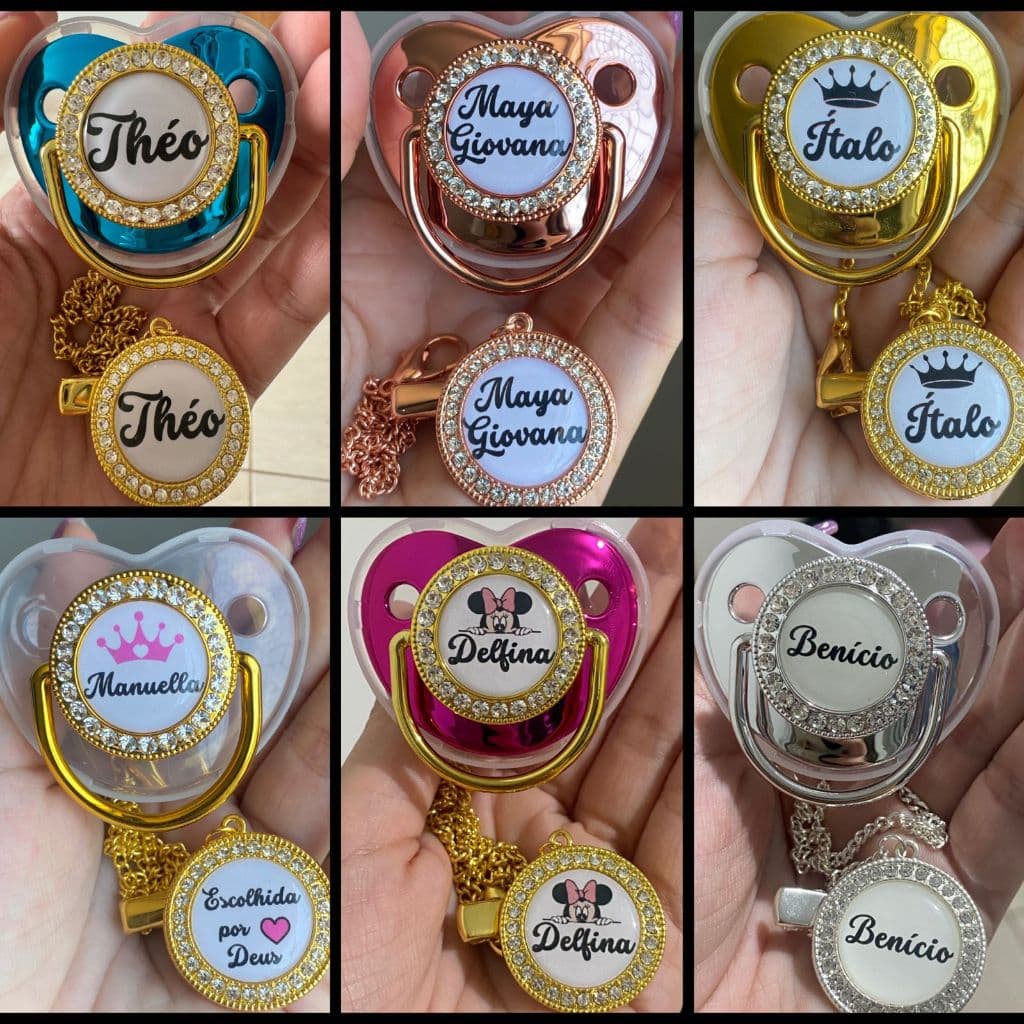 Kit chupeta + prendedor personalizado com nome de meninas e meninos recém-nascido de 0-24 meses