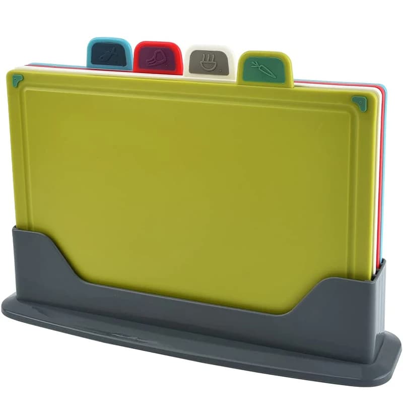 Conjunto 4 Tábua De Corte + Suport Jogo Colorido Carne Frango Verdura Peixe Higiênico Anti Derrapant