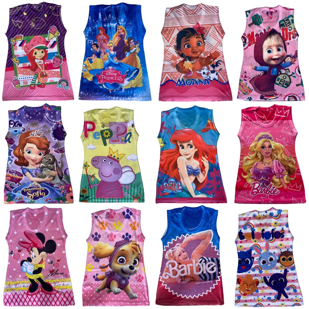 Kit 5 Vestido Infantil Temático de Personagem Sortidos Sem Manga Menina 2 à 8 Anos