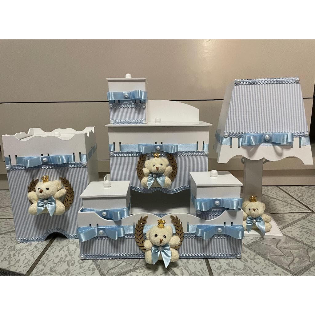 Kit Higiene Mdf 7 Peças - Azul Bebê Listrado - CM212
