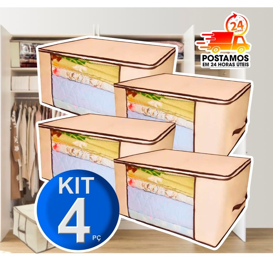 Kit 4 Caixas Organizadoras 60X45X30 Grande de Roupas Calçados Cobertas TNT Com Tampa Anti-Poeira Umidade Inseto Multiuso