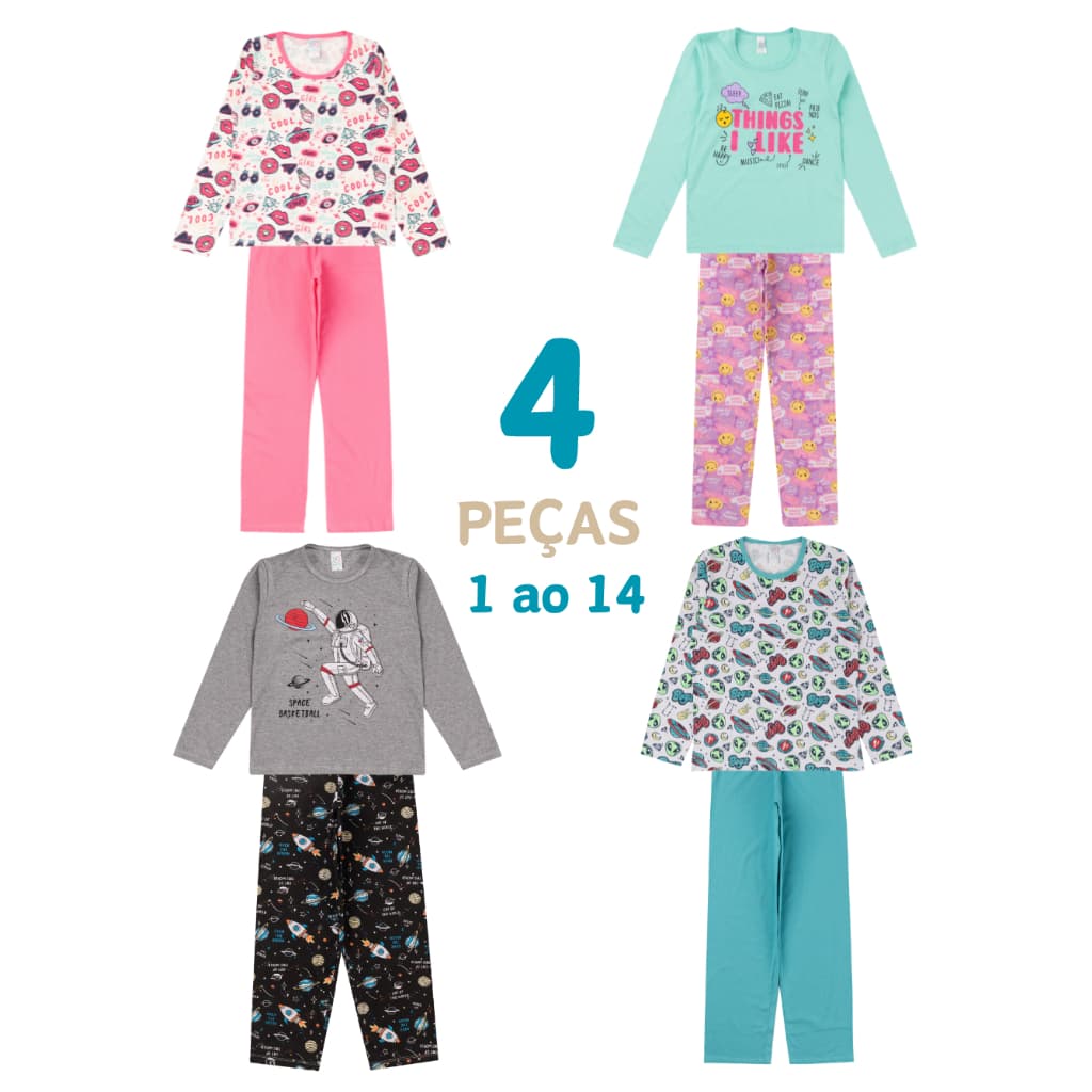 Pijama de frio Infantil Juvenil 4 PEÇAS menina ou menino inverno 1 ao 14