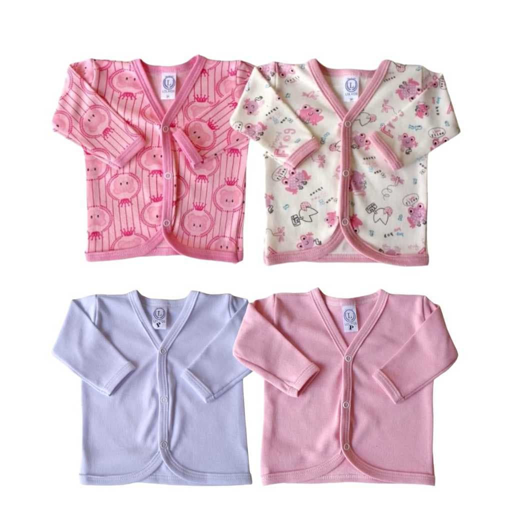 Kit 04 Peças - 2 Casaco Lisos + 2 Estampados Algodão Bebê Enxoval