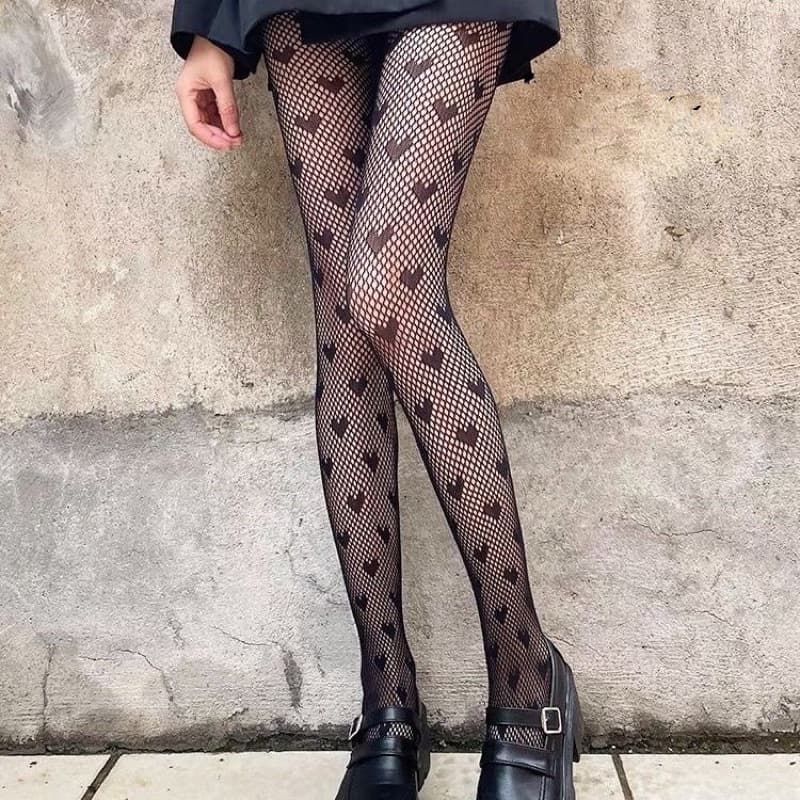 Meia Calça Arrastão Com Coração Femininas Moda 8520