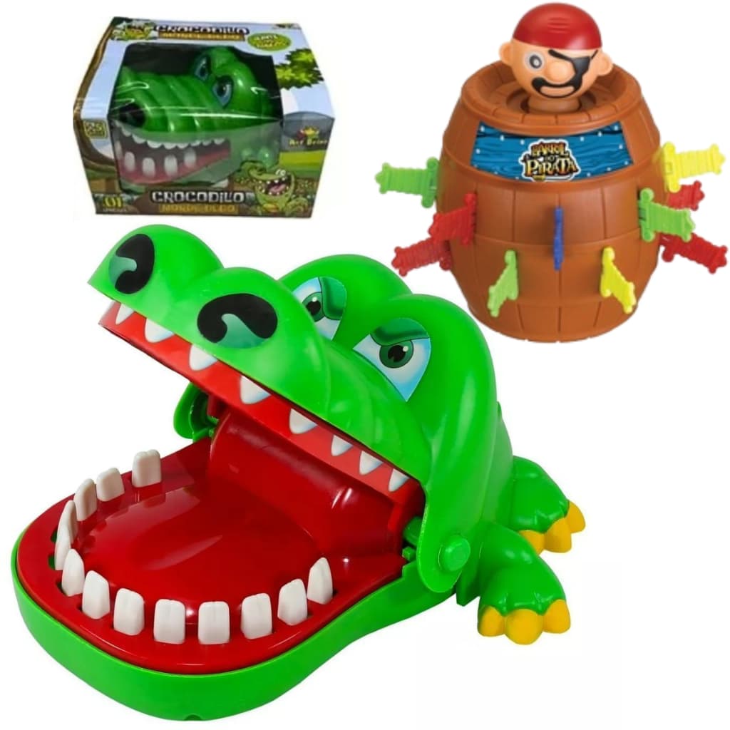 2 Brinquedos Jogo Jacaré Crocodilo Morde Dedo e Pula Pirata Barril