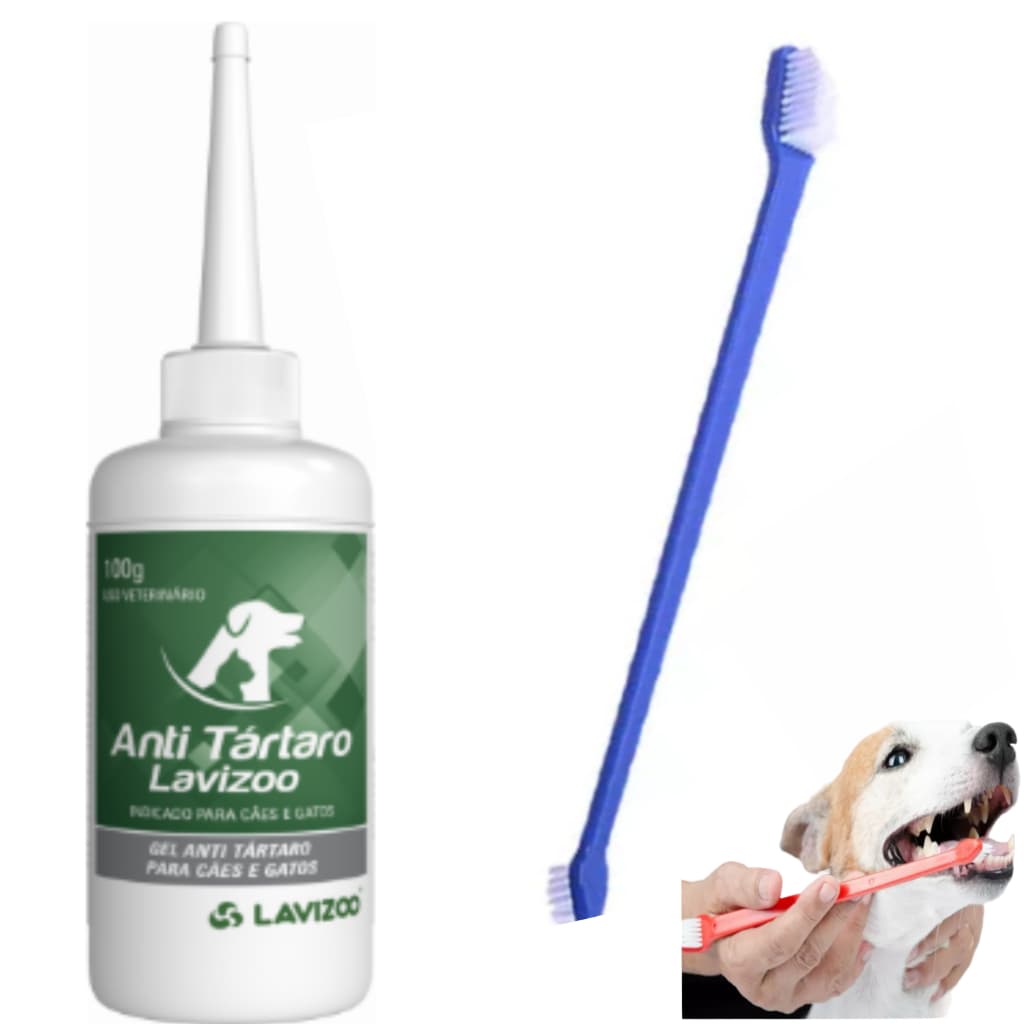 Kit Anti Tartaro Lavizoo 100g Gel Cães E Gatos + Escova Dente Dupla