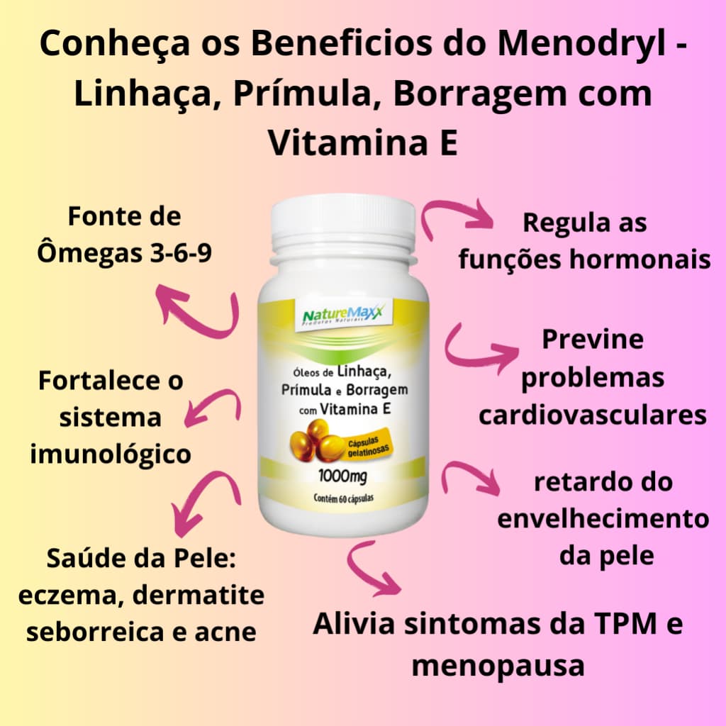 Óleo de Linhaça Prímula Borragem + Vitamina E 1000mg C/60 Cápsulas Menopausa - suplemento alimentar  natuverdemax