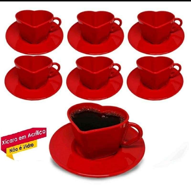 Canto do Cafe Kit 6 Xicaras Coração Vermelho em Acrilico  + 6 Pires Redondo Vermelho 100ml um charme ideal para presentear cantinho do café diversas cores