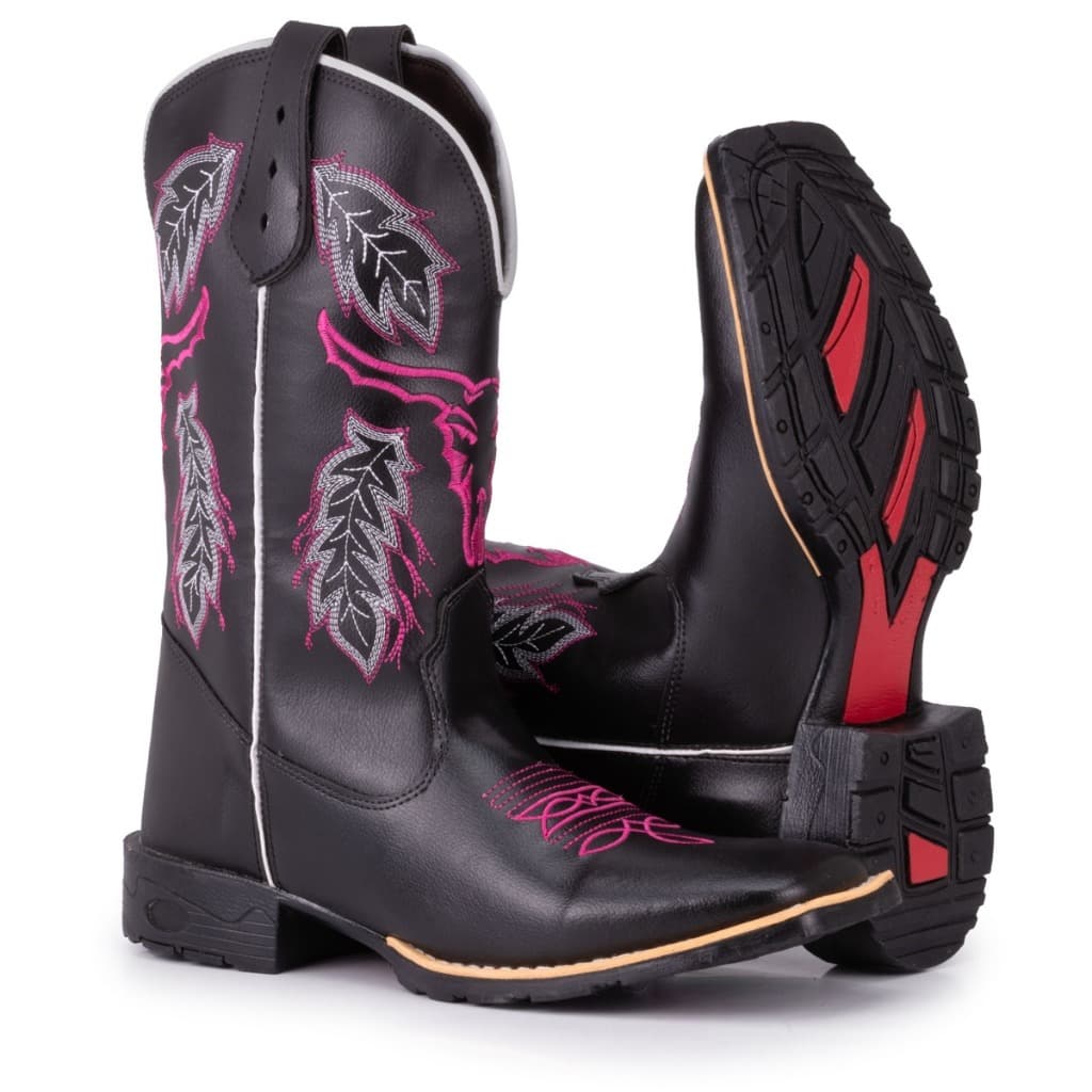 Bota Texana Feminina Country Bico Quadrado Bordado Cara De Boi Black e Pink
