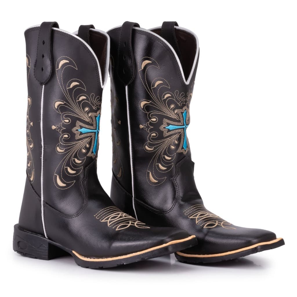 Bota Texana Feminina Country Bico Quadrado Cruz Azul Normal Black