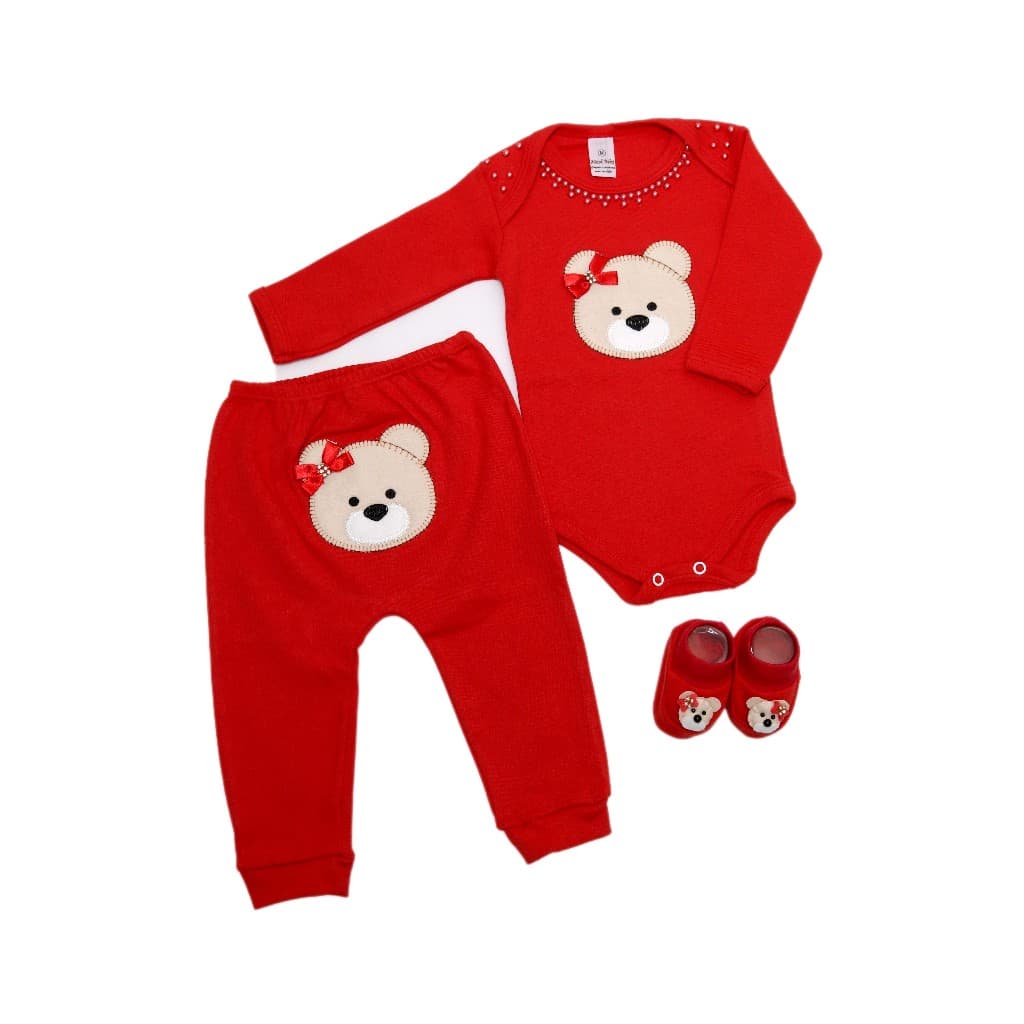 CONJUNTO 3 PEÇAS BORY C/ MIJAO BORDADO E SAPATINHO TEMA URSINHA