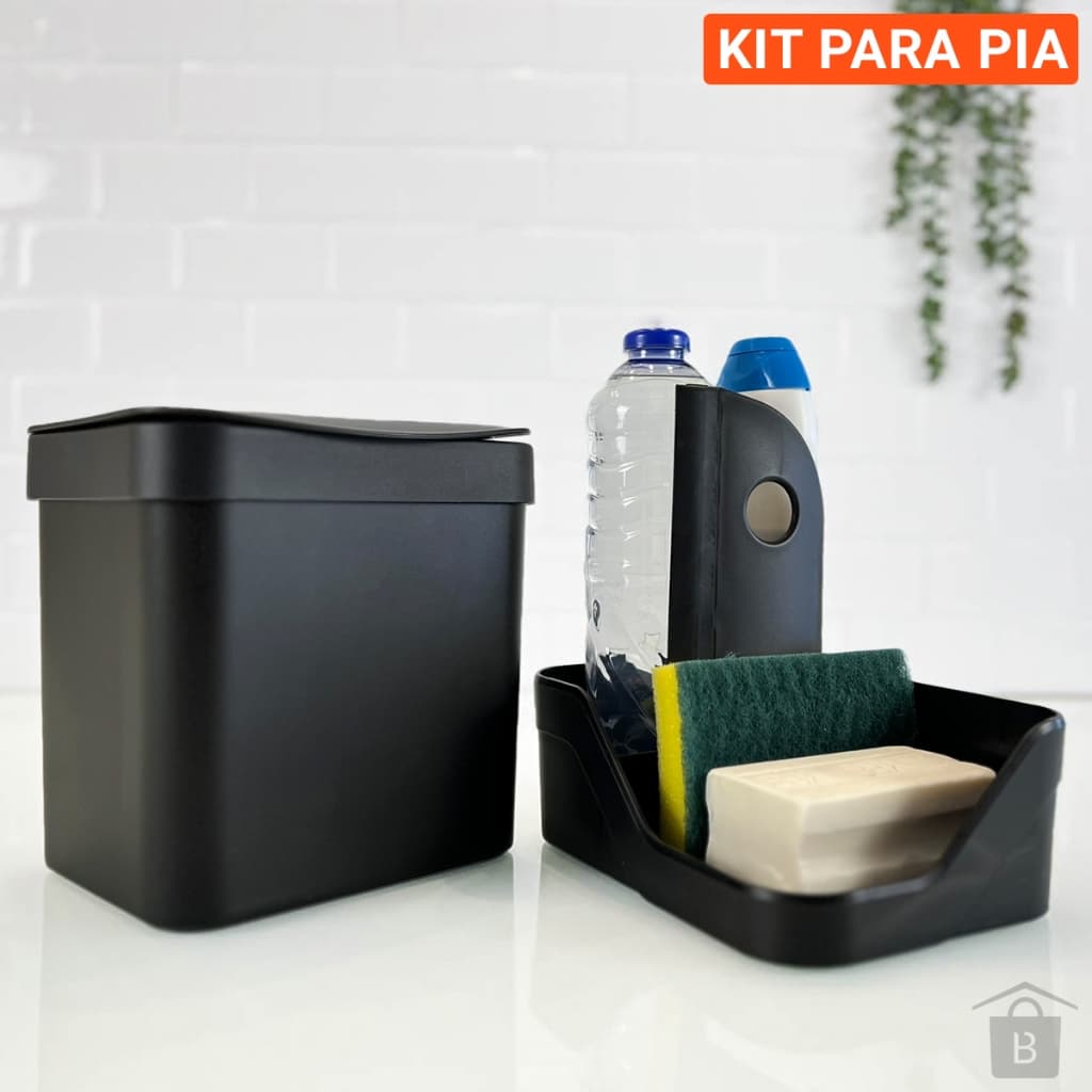 Kit Pia Porta Detergente Esponja Sabão Lixeira Rodo Rodinho Cor Preto