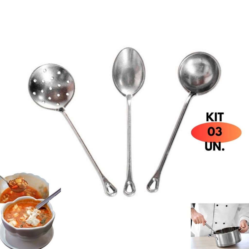 Kit 03 Talheres Aluminio Fundido Grande Resistente Cozinha Colher+ Concha+ Escumadeira Arroz Caldo Sopa Fritura