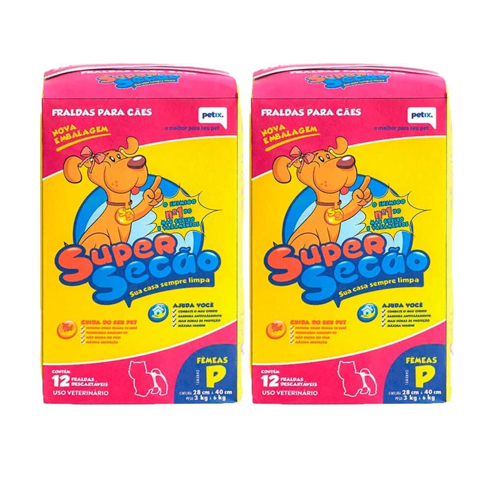 Kit com 2 Fralda Descartável Super Secão Cães Fêmeas 12 Unidades Tam P