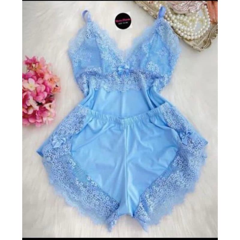 Pijama Baby Doll  Short Doll Feminino Detalhe de Renda luxo