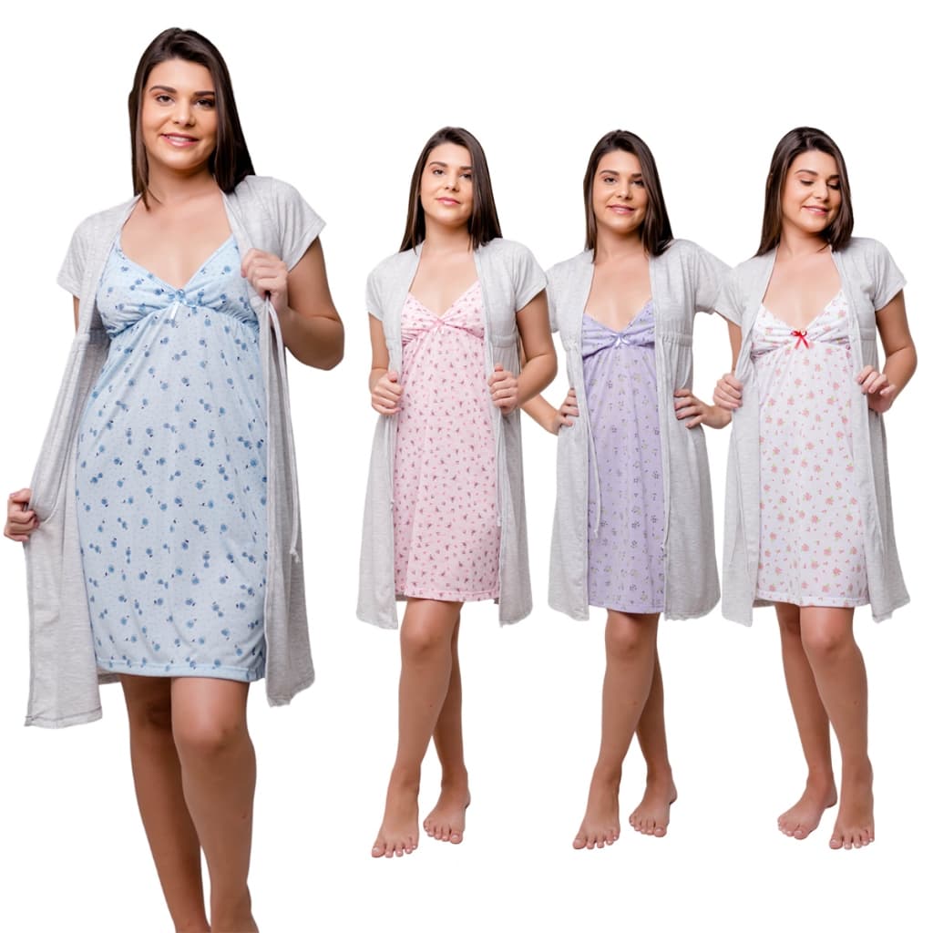 Conjunto Camisola e Robe Feminina Maternidade Alça Gestante