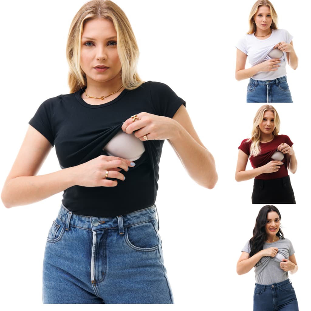 Kit com 4 Camisas Feminina de Manga Curta e com Abertura Para Amamentação