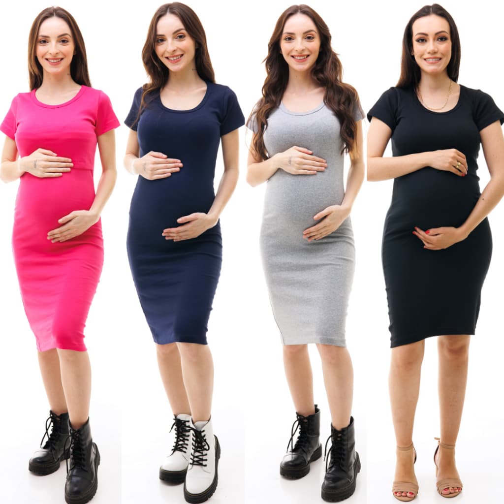 Kit com 4 Vestidos de Ribana de Manga Curta Para Gestantes