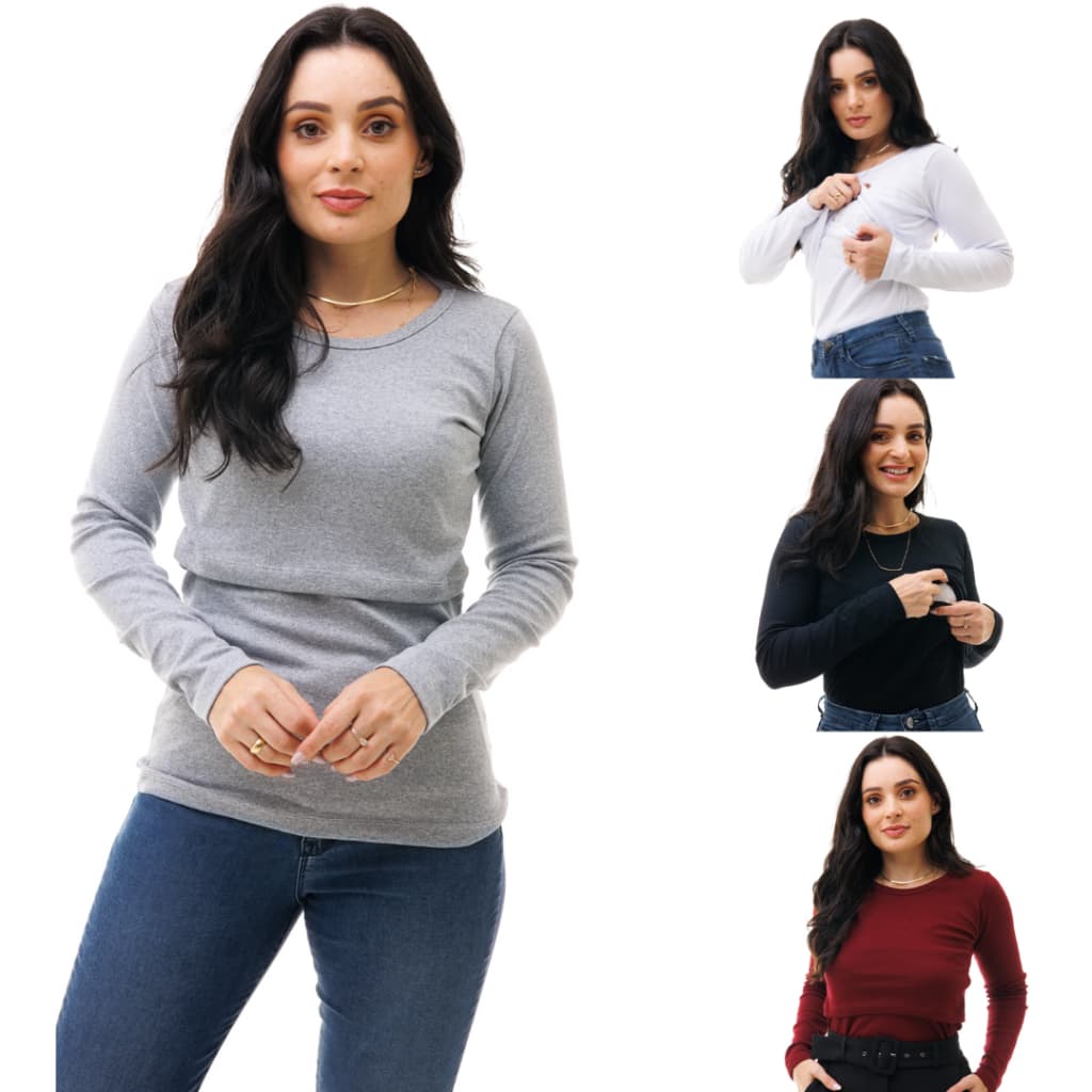Kit com 4 Blusas de Manga Longa com Abertura Para Amamentação