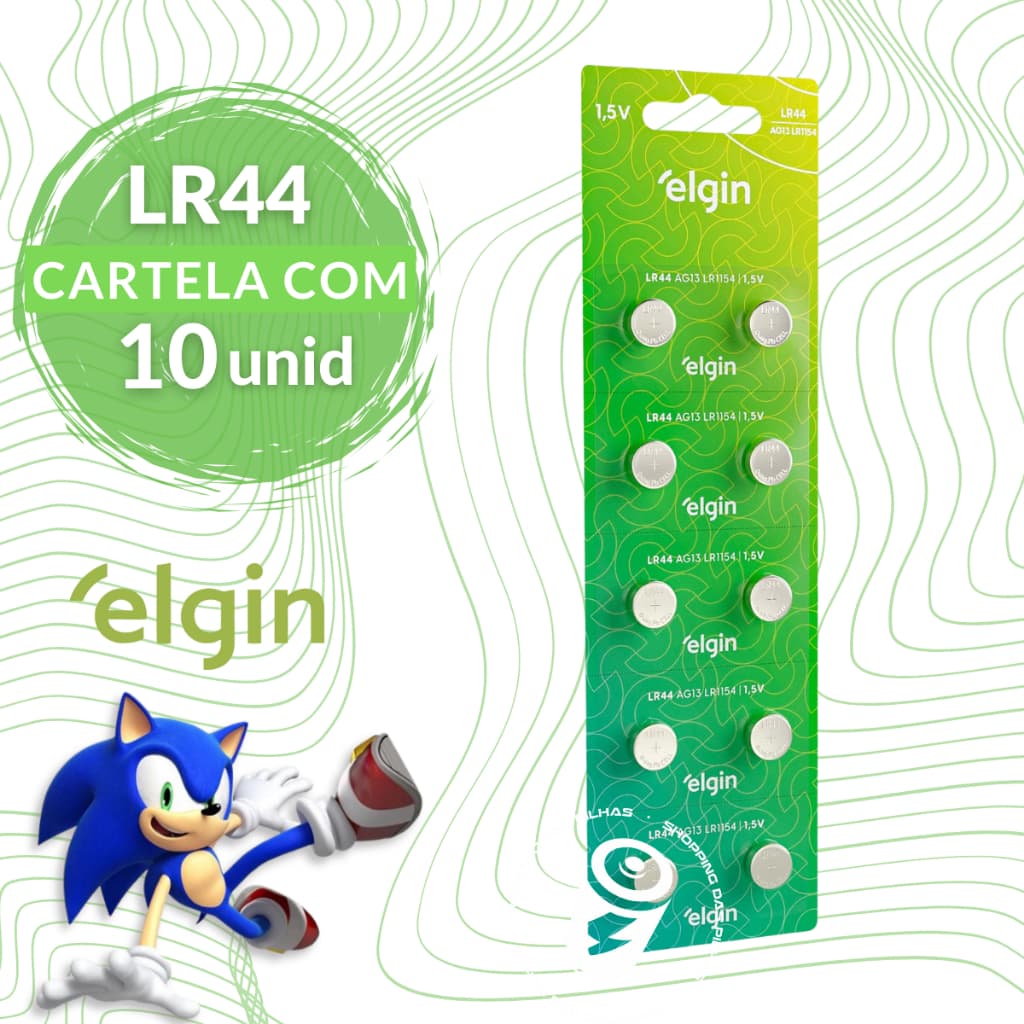 Baterias Alcalinas LR44 AG13 L1154 Elgin Moeda Botão Relógio - Cartela com 10 Unidades
